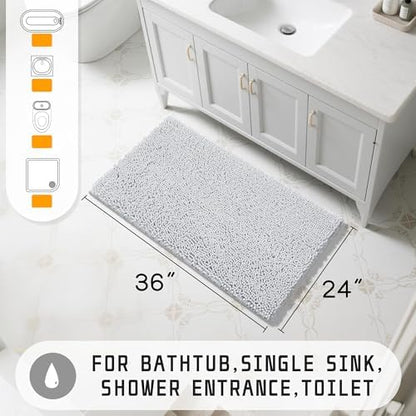 Yimobra Washable Bathroom Rugs, Super Soft & Absorbent Chenille Bath Mat for Floor & Carpet, Quick Dry Non Slip Bath Mat for Tub Shower, 32"x20",Silver