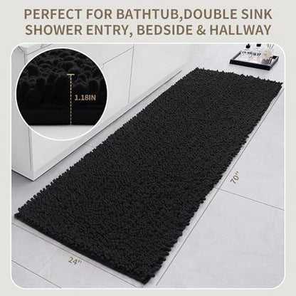 Bathroom Rugs Non Slip Washable 70x24, Extra Thick Soft Chenille Absorbent Bath Mat, High Density Barrier Non Slip Backing, Quick Dry Plush Shaggy Floor Carpet for Tub&Shower, Black