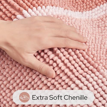 HOMEIDEAS Pink Bathroom Rugs Set of 2, Striped Chenille, 20"x32"+17"x24"