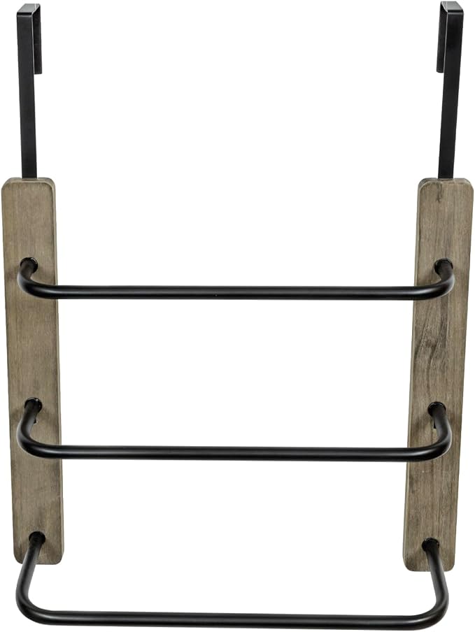 MyGift Over The Door Towel Rack for Bathroom, Vintage Gray Weathered Solid Wood 3 Tier Matte Black Metal Bars, Space Saving Hand Towel Holder, Over Shower Door Towel Drying Rack for Bath Towels