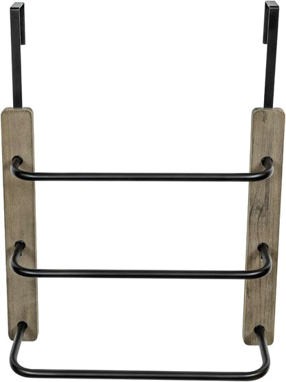 MyGift Over The Door Towel Rack for Bathroom, Vintage Gray Weathered Solid Wood 3 Tier Matte Black Metal Bars, Space Saving Hand Towel Holder, Over Shower Door Towel Drying Rack for Bath Towels
