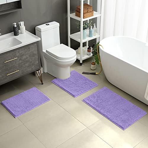 HOMEIDEAS Lavender Chenille Bathroom Rugs Set of 3, Non Slip Bath Mat