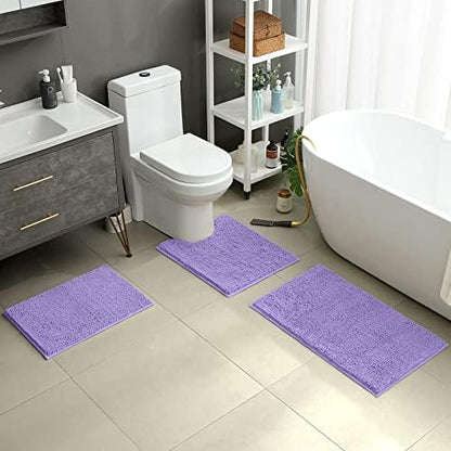 HOMEIDEAS Lavender Chenille Bathroom Rugs Set of 3, Non Slip Bath Mat