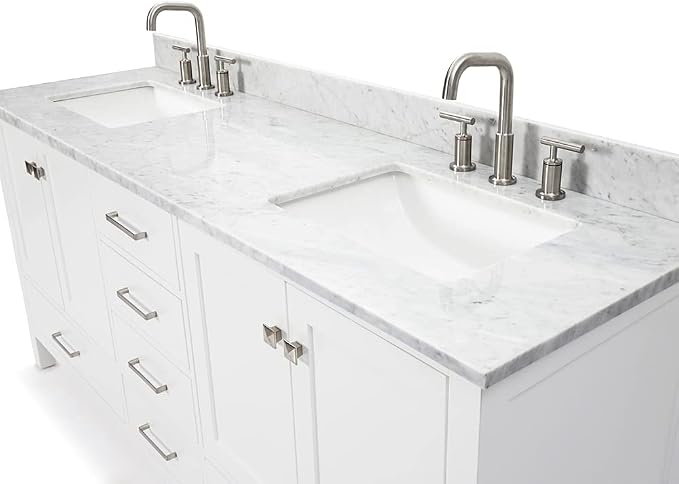 ARIEL Cambridge 72-inch Bathroom Vanity with Sink,Solid Wood, 0.75-inch Italian Carrara Marble Countertop, Double Rectangular Porcelain Sink, 4 Soft Closing Doors, 6 Dovetail Drawers, White