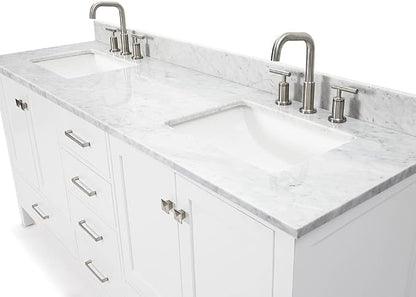 ARIEL Cambridge 72-inch Bathroom Vanity with Sink,Solid Wood, 0.75-inch Italian Carrara Marble Countertop, Double Rectangular Porcelain Sink, 4 Soft Closing Doors, 6 Dovetail Drawers, White