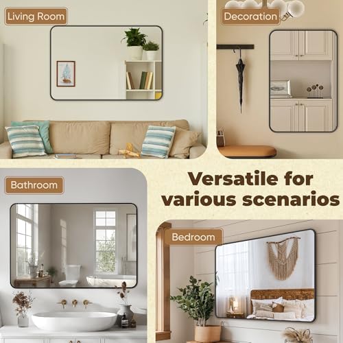 Antok Bathroom Mirror, 48"x32" Wall Mirror, Decorative Mirrors Vanity Mirror Aluminum Alloy Frame Contemporary Rectangular Hanging Mirror for Living Room Bathroom Entryway,Black,Round Corner