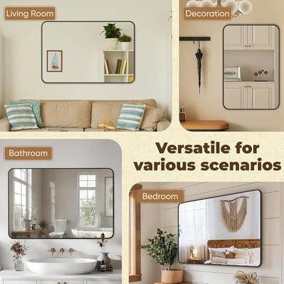 Antok Bathroom Mirror, 48"x32" Wall Mirror, Decorative Mirrors Vanity Mirror Aluminum Alloy Frame Contemporary Rectangular Hanging Mirror for Living Room Bathroom Entryway,Black,Round Corner