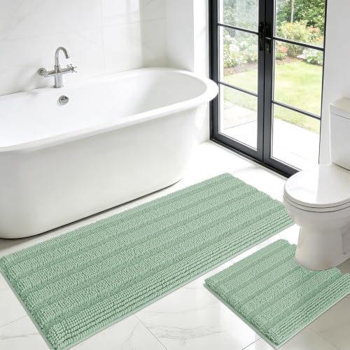 ACCUMTEK Christmas Striped Sage Green Toilet Bathroom Rug Mat Set 2 piece Rug Ultra Soft, Non Slip Chenille Bath Rugs, Absorbent Plush Shaggy Bath Mats for Bathroom, Bedroom, Kitchen, Shower, Tub