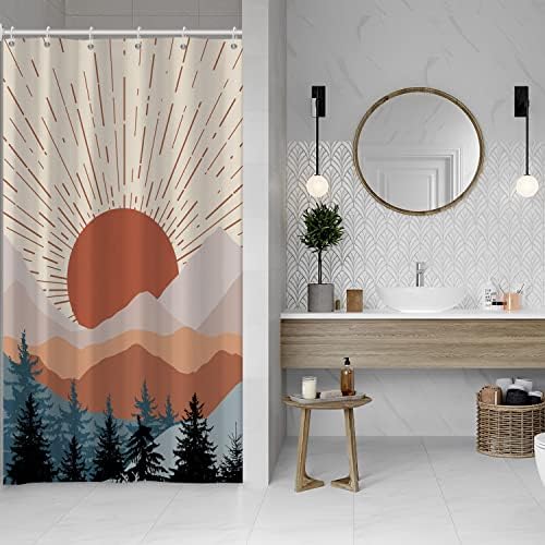 Stall Shower Curtain, Mid Century Boho Sunrise Small Shower Curtain Waterproof Abstract Terracotta Mountain Forest Narrow Shower Curtain Set with Hooks, 48x72 Inch