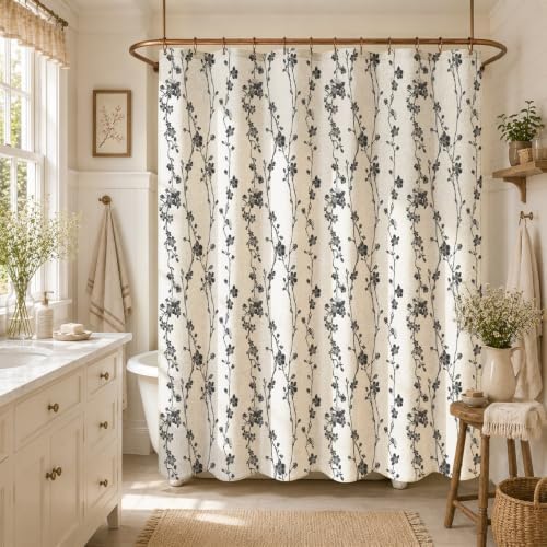 Gibelle Black Farmhouse Linen Shower Curtain, Boho Floral Fabric, 72 x 72