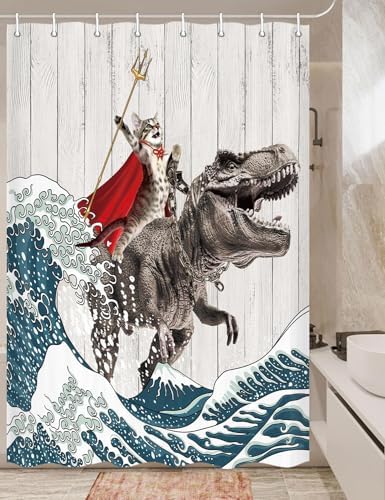 Funny Cat Shower Curtain Riding Hilarious Dinosaur Surfing Cool Japan Anime Shower Curtain Funny Japanese Cat for Boys Men Waterproof Polyester Fabric Bathroom Bathtub 54Wx72H Inch
