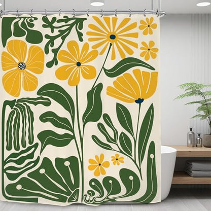 Yellow Green Matisse Flower Shower Curtain 60Wx72L Inch Abstract Retro Aesthetic Minimalist Vintage Art 70s Trendy Modern Bathroom Set Accessories Decor with 12 Pack Hooks
