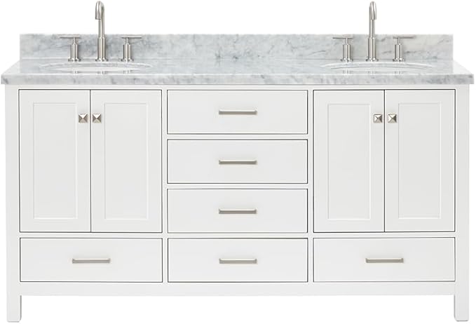 ARIEL Cambridge 66-inch Bathroom Vanity with Sink,Solid Wood, 1.5-inch Italian Carrara Marble Countertop & Backsplash, Double Oval Porcelain Sink, 4 Soft Closing Doors, 6 Dovetail Drawers, White