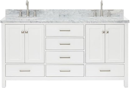 ARIEL Cambridge 66-inch Bathroom Vanity with Sink,Solid Wood, 1.5-inch Italian Carrara Marble Countertop & Backsplash, Double Oval Porcelain Sink, 4 Soft Closing Doors, 6 Dovetail Drawers, White