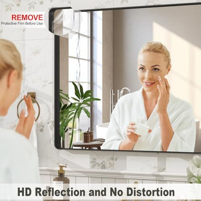 28x36 Inch Black Framed Bathroom Mirror for Wall, Matte Black Metal Frame Mirror, Rounded Rectangle Mirror, Anti-Rust, Shatterproof (Horizontal/Vertical)
