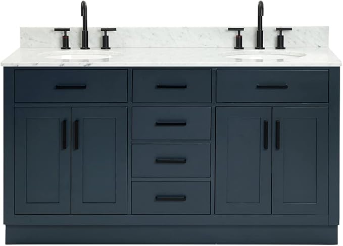ARIEL Hepburn 60-inch Bathroom Vanity with Sink,Solid Wood, 0.75-inch Italian Carrara Marble Countertop, Double Oval Porcelain Sink, 4 Soft Closing Doors, 6 Dovetail Drawers, Midnight Blue