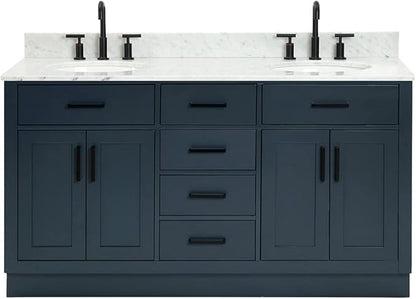 ARIEL Hepburn 60-inch Bathroom Vanity with Sink,Solid Wood, 0.75-inch Italian Carrara Marble Countertop, Double Oval Porcelain Sink, 4 Soft Closing Doors, 6 Dovetail Drawers, Midnight Blue