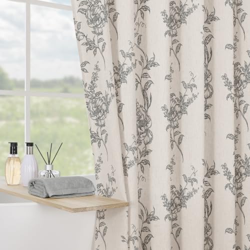 Grey Linen Farmhouse Shower Curtain, Boho Floral Bathroom 36x72