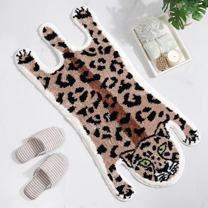 Panstar Leopard Bath Mat for Bathroom, Cute Brown Leopard Cartoon Bath Mats Non Slip Animal Shaped Absorbent Bathtub Rug Bathroom Plush Shower Rugs