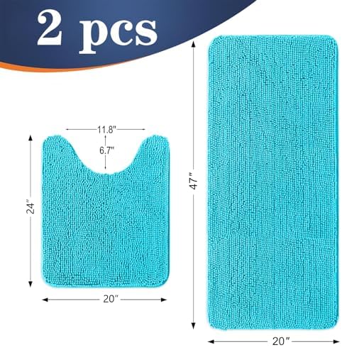 OLANLY Chenille Bathroom Rugs Mats Sets 2 Piece, 47"x20"+24"x20", Aqua Sky
