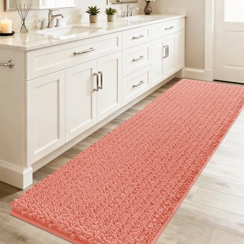 ACCUMTEK Upgrade Luxury Coral Bathroom Rug Mat 59"x20", Ultra Soft Thick Absorbent Bath Mats, Non Slip Chenille Toilet Mat for Bathroom, Bedroom, Kitchen, Shower, Tub