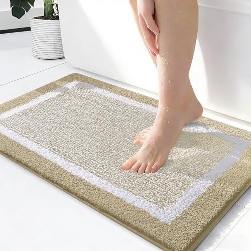 OLANLY Small Bathroom Rugs 24x16, Absorbent Microfiber Bath Rugs, Beige