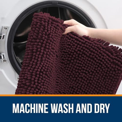 OLANLY Chenille Bathroom Rugs Sets 2 Piece, 47"x20"+24"x20", Black Cherry