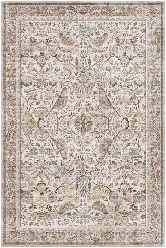 Vintage 8x12 Area Rugs for Living Room - Moss Green Soft Floral Rug for Bedroom, Dining Room, Washable Moss Bird Carpet, Non-Slip Stain Resistant Low Pile