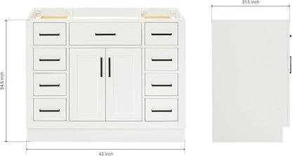 ARIEL Hepburn 42-inch Bathroom Vanity Base Cabinet,Solid Wood, 2 Soft Closing Doors, 9 Dovetail Drawers, White