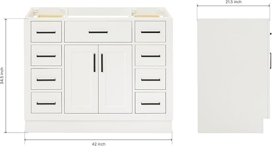 ARIEL Hepburn 42-inch Bathroom Vanity Base Cabinet,Solid Wood, 2 Soft Closing Doors, 9 Dovetail Drawers, White