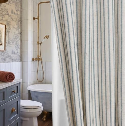 Farmhouse Striped Shower Curtain Set, Linen Blend Fabric with Detachable Polyester Liner, Breathable & Machine Washable, Rustic Heirloom Blue for Bathroom Decor 72" W x 72" L - Hooks Not Included
