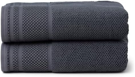 Texere 100% Organic Cotton Rice Weave Jacquard 700 GSM Luxury Bath Towel Sets - Ultra Soft and Absorbent Hotel and Spa Quality (Rice Weave, Charcoal, 2 Bath Towels)