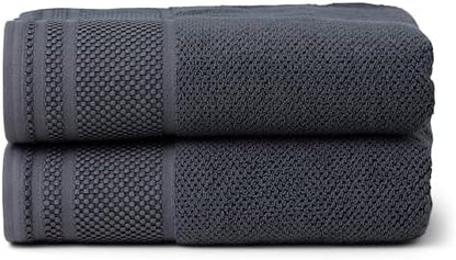 Texere 100% Organic Cotton Rice Weave Jacquard 700 GSM Luxury Bath Towel Sets - Ultra Soft and Absorbent Hotel and Spa Quality (Rice Weave, Charcoal, 2 Bath Towels)