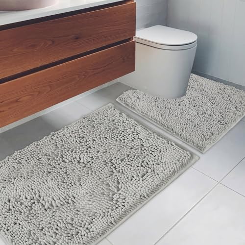 Bathroom Rugs Chenille Bath mat 2 Piece Set, Super Absorbent, Strong PVC Non Slip Backing, Bath mats for Bathroom, Plush Shaggy, Thick, Machine Washable, Bathtub, Toilet.(Light Grey)