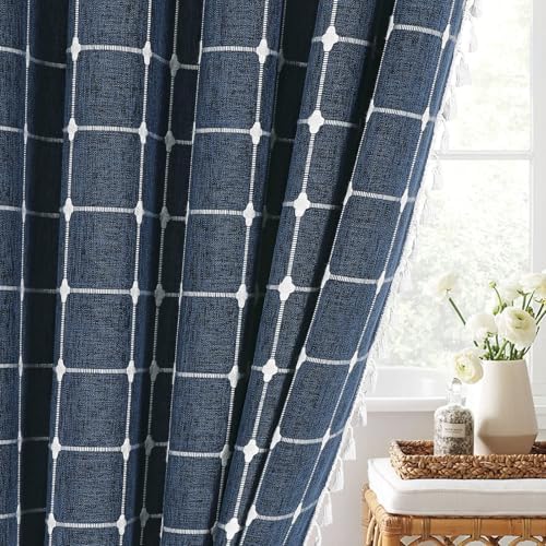 Boho Farmhouse Classic Plaid Linen Tassel Shower Curtain Navy Blue,72x72
