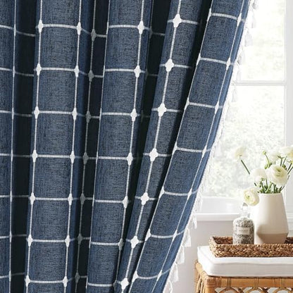 Boho Farmhouse Classic Plaid Linen Tassel Shower Curtain Navy Blue,72x72