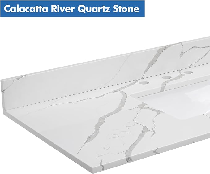36 in.W x 22 in.D Quartz Calacatta River Vanity Top,with Undermount Left Offset Sink Vanity Top,with Two Sidesplash & One Backsplash,8 Inch Faucet Hole Spread Bathroom Vanity Sink Countertop