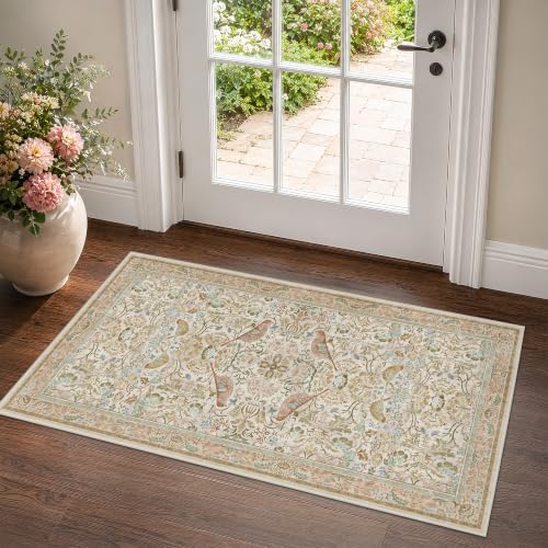 Beige 2x4 Washable Rug for Bathroom, Entryway Non Slip - Soft Low Pile Boho Small Throw Rugs for Kitchen, Powder Room - Unique Boho Bird Botanical Decorative Door Mats Stain Resistant