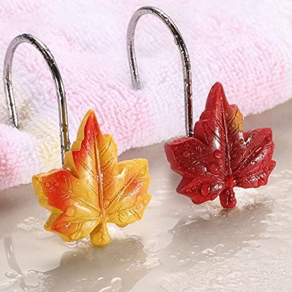 Maple Leaf Shower Curtain Hooks, 12Pcs Thanksgiving Decorative Shower Curtain Hooks, CHICTIE Autumn Fall Leaves Shower Curtain Rings Rustproof for Bathroom Bedroom Room Decor (Deciduous Yellow)