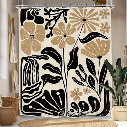Black Tan Matisse Flower Shower Curtain 60Wx72L Inch Minimalist Abstract Vintage Botanical Blossom Modern Neutral Wildflower Art Bathroom Set Accessories Decor with 12 Pack Hooks