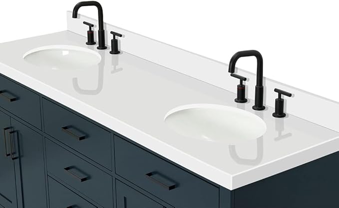 ARIEL Hepburn 72-inch Bathroom Vanity with Sink,Solid Wood, 1.5-inch Pure White Quartz Countertop & Backsplash, Double Oval Porcelain Sink, 4 Soft Closing Doors, 6 Dovetail Drawers, Midnight Blue