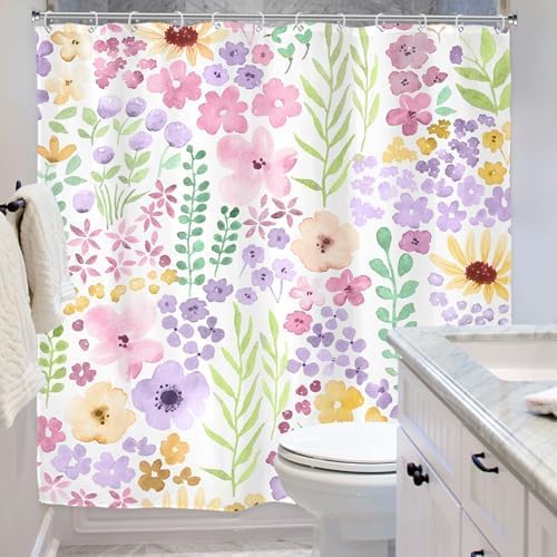 Pink Purple Cute Floral Boho Spring Kids Girls Bathroom Shower Curtain Set | 72"W x 72"H Wildflower Watercolor; waterproof HD print, quick-dry fabric with 12 hooks for easy hanging.
