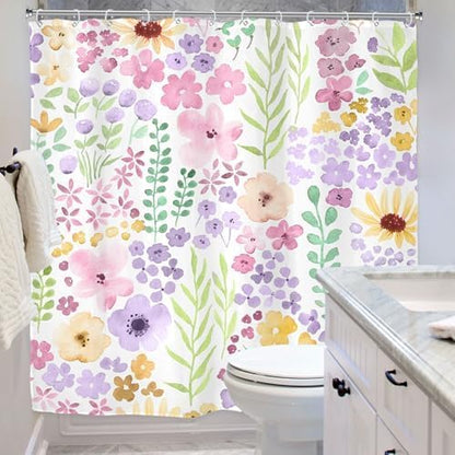 Pink Purple Cute Floral Boho Spring Kids Girls Bathroom Shower Curtain Set | 72"W x 72"H Wildflower Watercolor; waterproof HD print, quick-dry fabric with 12 hooks for easy hanging.