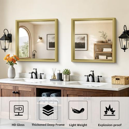 Bathroom Mirror, 24 x 24 inch Natural Wood Grain Colored Aluminum Metal Frame Bathroom Vanity Mirror, Square Wall Mirror for Bedroom Living Room, Tempered Glass,Anti-Rust