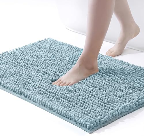 FRESHMINT Chenille Bathroom Rugs Mat 32"x20", Non-Slip Bath Mat for Bathroom Floor & Bathtub, Washable Shower Shag Bath Rugs, Soft Fluffy Thick Water Absorbent Microfiber Shower Mat, Aqua & White