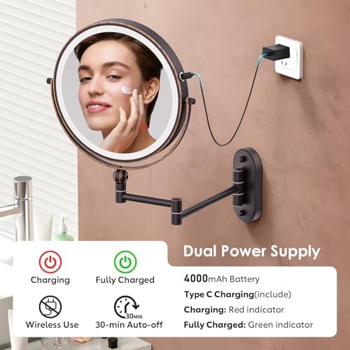 9" Wall Mounted Lighted Makeup Mirror,4000mAh Rechargeable Double Sided 1X/20X Magnifying Mirror with Light,Touch Dimmable,Extended Arm 360 Rotation Wall Mounted Makeup Mirror 3 Color Lights-Bronze