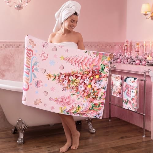 Moukeren Set of 3 Pink Christmas Bathroom Towels Merry Christmas Bath Towel Hand Towels and Washcloth Soft Tree Santa Claus Snowman Decorative Towel Housewarming Gifts for Farmhouse Bathroom Kitchen