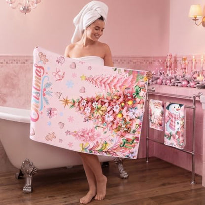 Moukeren Set of 3 Pink Christmas Bathroom Towels Merry Christmas Bath Towel Hand Towels and Washcloth Soft Tree Santa Claus Snowman Decorative Towel Housewarming Gifts for Farmhouse Bathroom Kitchen