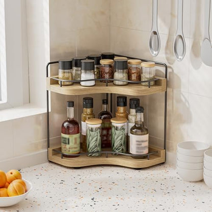 2-Tier Corner Bathroom Counter Organizer, Larger, Light Walnut