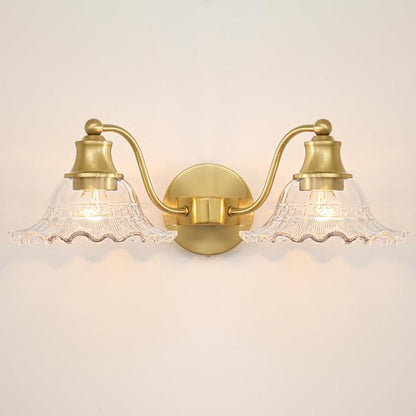 Bright Brushed Gold Bathroom Vanity Light Vintage Style, E26 Easy Mounted | Vanity Light with Flower Glass Shades, 18" Wide Bathroom Lighting Over Mirror, Easy Mounted for Bathroom, Bedroom, Hallway